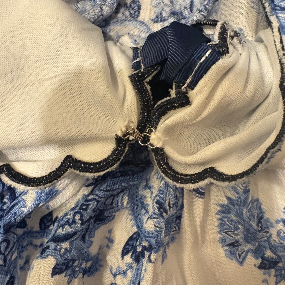 Francesca's Blue White Floral Paisley Scalloped Ribbon Puff Sleeve Mini Dress M - Picture 5 of 6